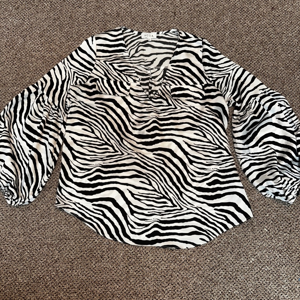 ACOA Zebra Print V-Neck Blouse Black White‎ Balloon Sleeve Top Small